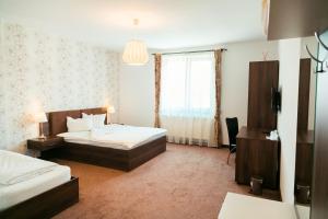 Una habitación de hotel con dos camas y una ventana. en Elegant House, en Făgăraş