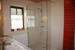 a bathroom with a shower and a sink at Landhaus Seehof in Füssen