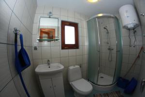 a bathroom with a toilet and a sink and a shower at Kwatery u Rybaka in Kuźnica