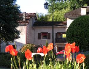 a group of red flowers in front of a house at relais du castera in Nestier