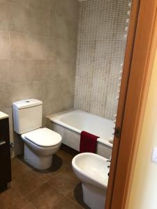 a bathroom with a toilet and a tub and a sink at Duplex in Santa María de Barbará +18 photos