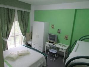 Schlafzimmer mit einem Bett und einem Schreibtisch mit einem TV in der Unterkunft L'Acquario in Trecchina