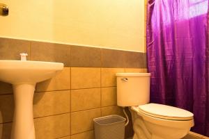 a bathroom with a toilet and a sink and a purple shower curtain at Posada Las Flores in Guatemala