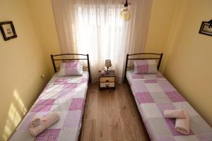 two twin beds in a room with a window at John and Tania's Garden in Prinos
