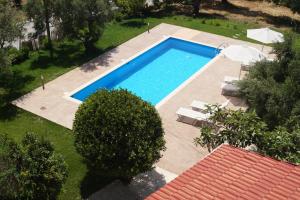 an overhead view of a swimming pool with chairs and umbrellas at Kassiani Studios in Plakias