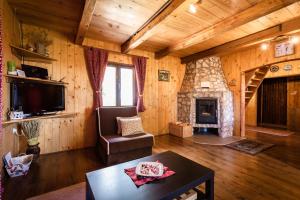 a living room with a fireplace in a log cabin at House Marijana in Rakovica