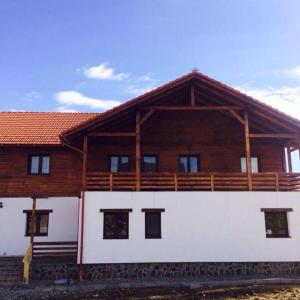 une grande maison en bois avec un toit en bois dans l'établissement Pensiunea Daniela, à Piatra Fântânele