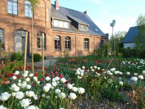 a garden of flowers in front of a brick house at Gutshaus Altbauhof in Dargun