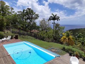 a swimming pool with a view of the ocean at Domaine Choco Vanille in Deshaies