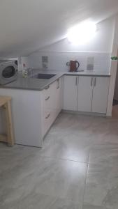Studio avraham في كرمئيل: مطبخ أبيض مع حوض وميكروويف