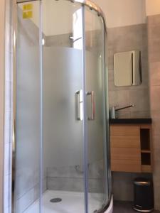 La salle de bains est pourvue d'une douche avec une porte en verre. dans l'établissement Port de Nice, à Nice