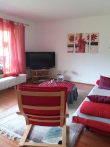 un soggiorno con sedia rossa e TV di Ferienwohnung Andrea a Eberbach