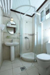 a bathroom with a shower and a toilet and a sink at Haus Platanos Apartments & Bungalows by the Sea in Vourvourou