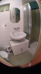 a bathroom with a sink and a shower at Dwa jeziora in Wejsuny