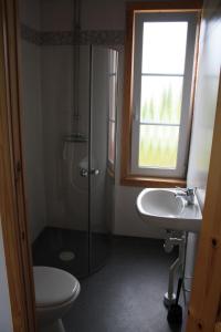a bathroom with a shower and a sink and a toilet at Old timber house in Kalix