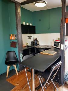 een keuken met groene muren en een tafel met stoelen bij Appartement typique Rouen centre tout confort in Rouen