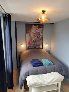 ルーアンにあるAppartement typique Rouen centre tout confortのベッド1台(タオル2枚付)が備わる客室です。