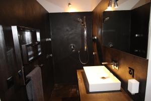 W łazience znajduje się umywalka i prysznic. w obiekcie La Montagne w mieście Chateau-d'Oex