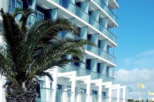 an apartment building with a palm tree in front of it at Water's Edge Hotel in Birżebbuġa