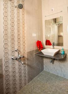 a bathroom with a shower with a sink and a mirror at Shri Laxmi Narayan Bungalow in Mahabaleshwar +26 photos