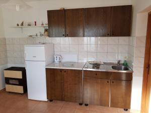 a kitchen with wooden cabinets and a white refrigerator at Apartment Nera in Ledenice