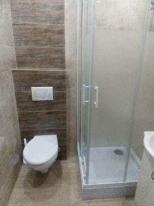a bathroom with a toilet and a glass shower at Miramar in Łeba