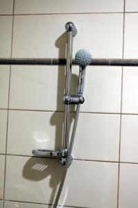 a shower with a shower head in a bathroom at Sörpatika Vendégház in Badacsonytomaj