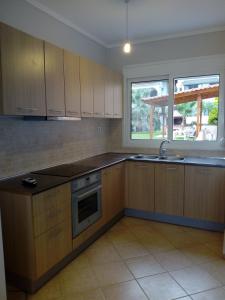 a kitchen with wooden cabinets and a sink and a window at Maria-Villa in Psakoudia
