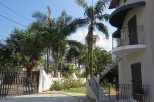 a house with palm trees next to a fence at Chalé no Caborê in Paraty