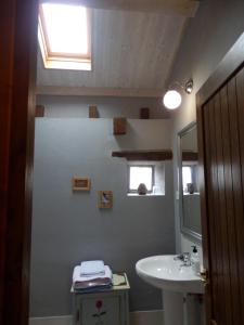a bathroom with a sink and a toilet and a mirror at Casa Candana in La Cándana de Curueño
