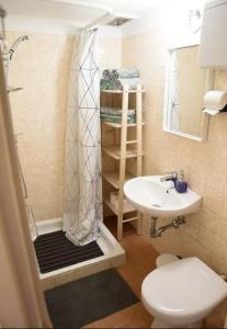 a bathroom with a shower and a toilet and a sink at Mediterranean Family design in Izola