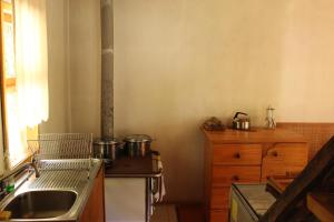 una cocina con fogones y 2 ollas. en Remanso Andino, en Palena