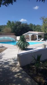 - une piscine avec une maison et quelques plantes dans l'établissement Hôtel Le Châtelet logis, à Saint-Paul-de-Fenouillet