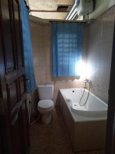 a bathroom with a toilet and a tub and a sink at Mimba Private House in Padangbai