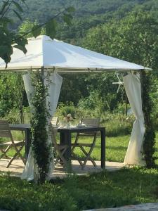 a white tent with a picnic table in the grass at B&B Oca Nera Lerici in Lerici