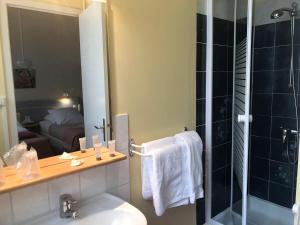 uma casa de banho com um chuveiro, um WC e um lavatório. em Hôtel du Commerce em Les Sables-dʼOlonne