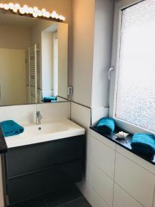 a bathroom with a sink and a mirror at Küstenbude Glück in Grömitz