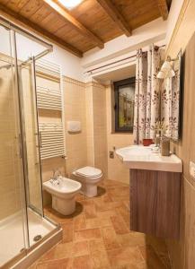 Un baño con inodoro, lavabo y ducha. en L'Angoletto dei Calanchi, en San Michele in Teverina