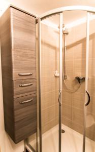 a shower with a glass door in a bathroom at Abendsonne in Stralsund