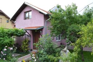 a pink house with a garden in front of it at Apartman "Busije" in Požarevac