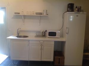 a kitchen with a white refrigerator and a microwave at Villa Lavendel in Borgholm