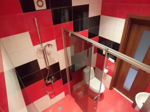 La salle de bains est pourvue d'une douche et de toilettes. dans l'établissement Apartamentai Palangos centre, à Palanga