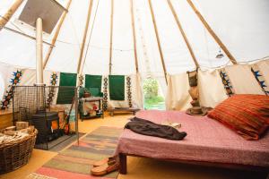 1 dormitorio con 1 cama en una tienda de campaña en Larkhill Tipis and Yurts en Carmarthen