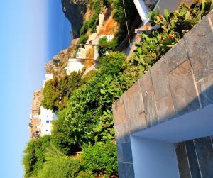 a retaining wall with plants on the side of a building at Margarita Hotel in Kythira