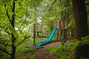 a playground in the woods with a blue slide at Larkhill Tipis and Yurts in Carmarthen +56 photos
