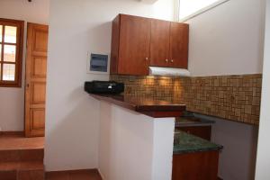 a kitchen with wooden cabinets and a counter top at Studio in Selínia