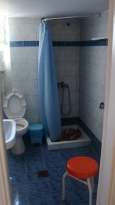 a bathroom with a shower with a toilet and a red stool at Dionisis Apartments in Ayia Evfimia