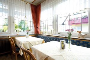 two tables in a restaurant with windows and flowers at Hotel Gasthof Rössle in Rottenburg