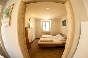a bedroom with a bed and a mirror at Port in Izola