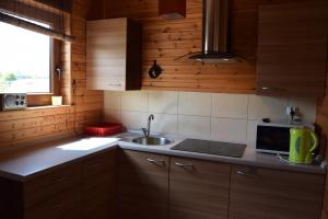 una cucina con armadi in legno, lavandino e forno a microonde di Błękit a Sarbinowo